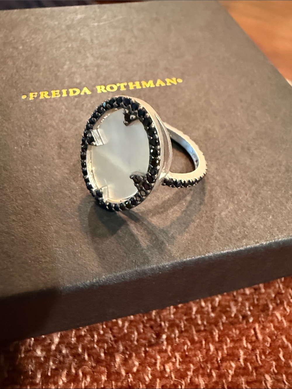 Freida Rothman Oval Mother of Pearl Cocktail Ring with Black Rhodium size 6